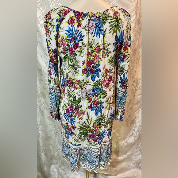 Time and Tru Blue Pink Botanical Long Sleeve Shirt Top - Picture 3 of 5